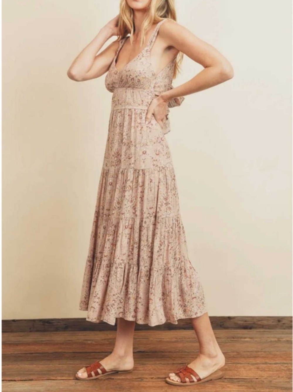 Boho Floral Midi Dress in Blush Pink